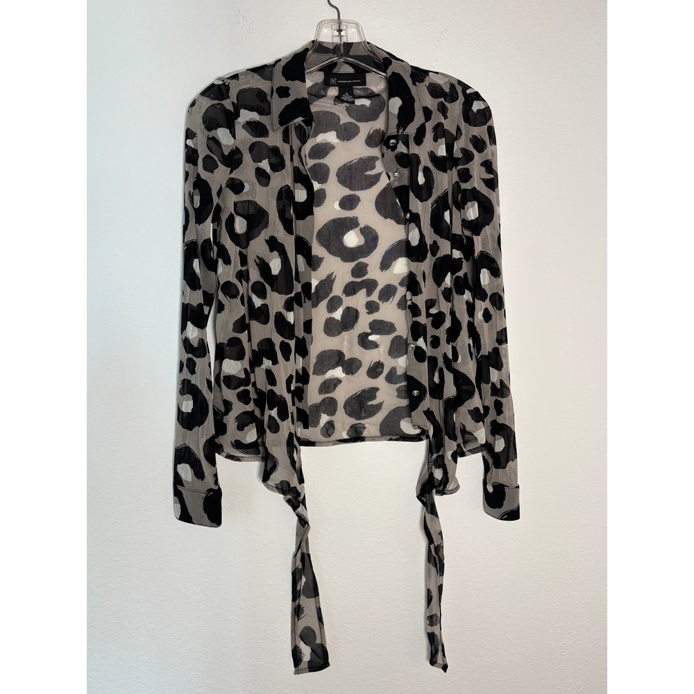 INC International Concepts Leopard Print Mesh Tie Front Blouse‎ Grey Black Small